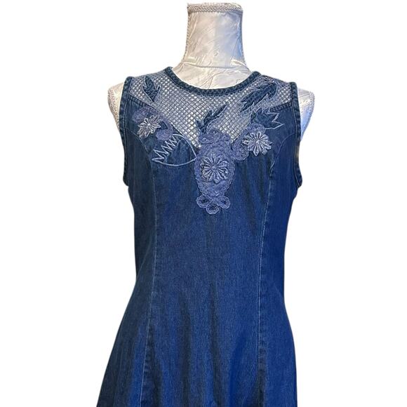 Vintage 90s Denim Maxi Dress Lace Neckline A-Line Tie Back Styleworks Sz 10 - Picture 6 of 16